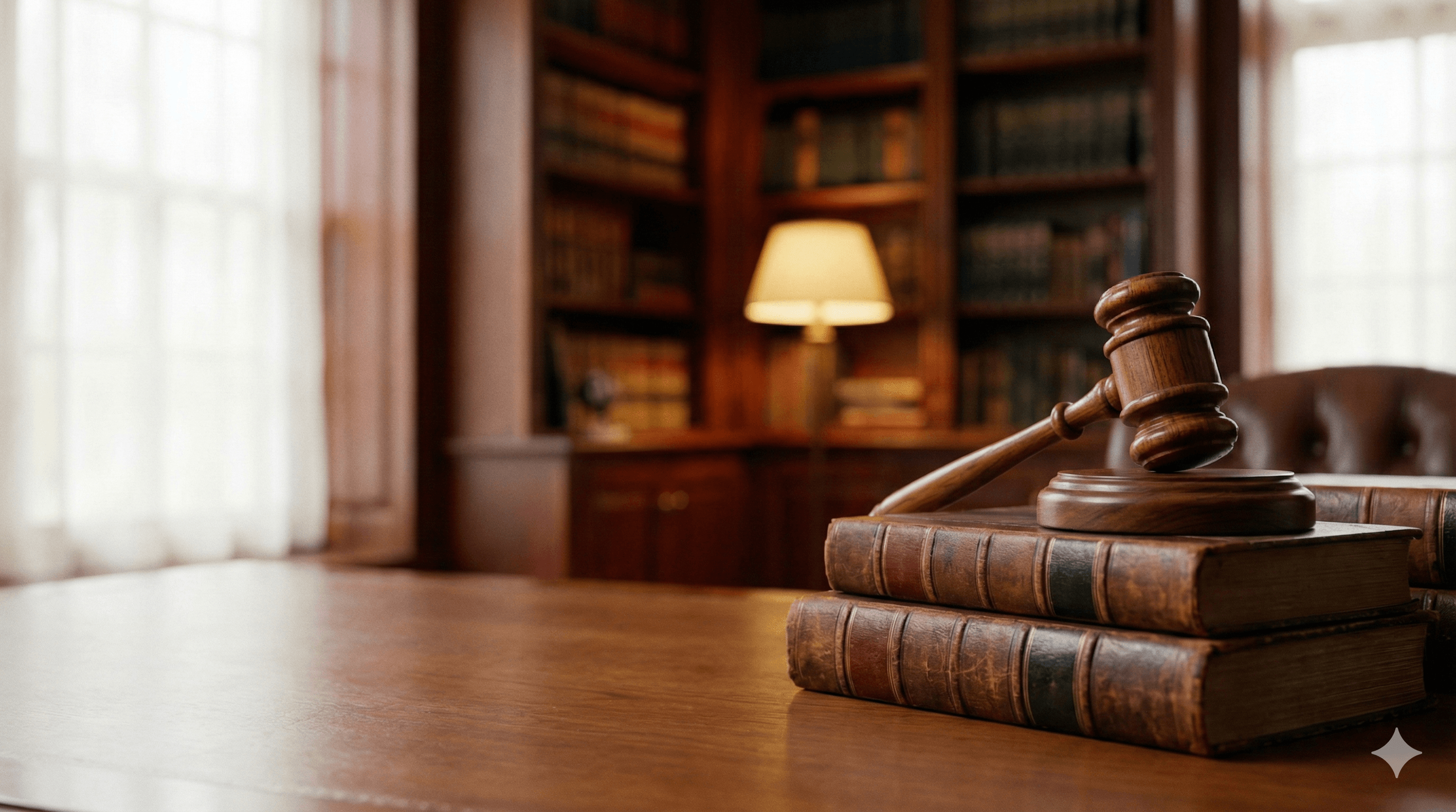 Legal books and gavel in a prestigious library